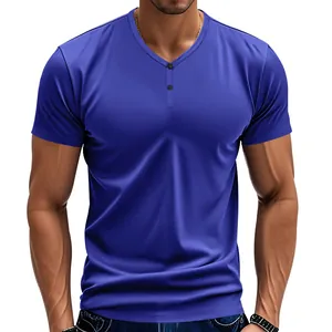 T-shirt Henley bleu sport pour hommes, manches courtes et col en V boutonné de haute qualité