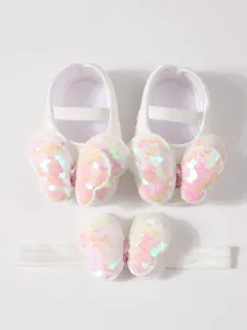 Lindos zapatos de encaje blanco para bebé con lazo de lentejuelas y diadema a juego