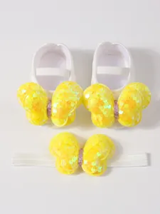 Set de zapatos de princesa y diadema para bebé con lazos de mariposa en lentejuelas amarillas
