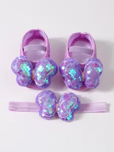 Conjunto de zapatos de princesa para bebé morados y diadema con lazo de mariposa lentejuela
