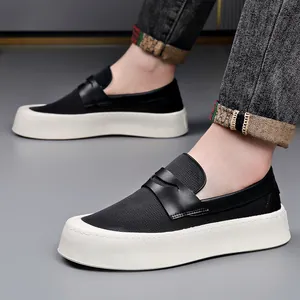 Men's stylish breathable mesh slip-on loafers featuring thick white soles in classic black