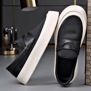 Premium men's breathable black mesh slip-on loafers with stylish thick white platform soles
