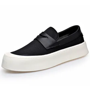 Men's breathable black mesh loafers with thick white platform sole for summer comfort