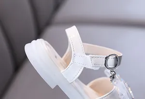 Detailed view of white girls' princess sandal featuring a sparkling rhinestone butterfly charm