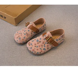 Girls floral print Birkenstock style shoes with brown leather buckle strap detail