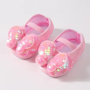 Zapatos de princesa para bebé de encaje rosa con lazo de lentejuelas de 0 a 1 año
