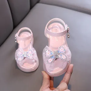 Sweet pink girls princess sandals with rhinestone butterfly bow and glitter flower decor