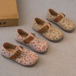 Girls Floral Suede Princess Shoes Vintage Pastoral Style Kids Loafers Toddler Mary Jane Flats With Buckle Non-Slip Casual Single Shoes