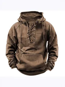 Herren Fleece Kapuzenpullover Schnürung Kragen Kängurutasche Einfarbig Workwear Stil Lockere Hoodie Casual Fashion Top