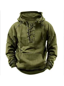 Einfarbiger Herren-Kapuzenpullover in Militärgrün mit Schnürung vorne und Kängurutasche