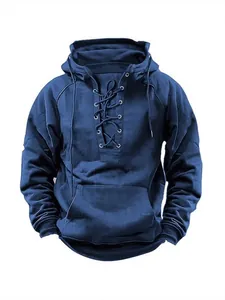 Dunkelblauer Kapuzenpullover für Herren mit Schnürung und Kängurutasche Design