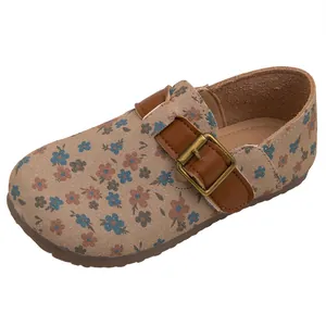 Retro floral print toddler girl Mary Jane shoes with an adjustable brown leather buckle strap
