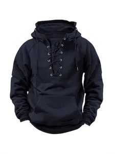 Stilvoller schwarzer Herren-Kapuzenpullover mit Schnürung und Kängurutasche für Sport