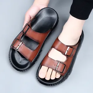Sandales en cuir marron haut de gamme pour hommes avec design à double boucle
