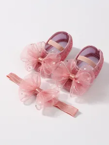 Rosa Baby Prinzessin Schuhe und Stirnband Set mit Tüllschleifen und Silbersternen