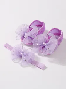 Lila Baby-Prinzessinnenschuhe mit weicher Sohle und passendem Netzschleifen-Stirnband