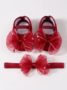 Rote Baby-Prinzessinenschuhe und Stirnband-Set mit großen Schleifen und silbernen Sternen