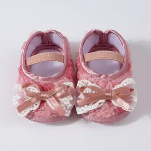 Pink baby girl lace walking shoes with decorative double bow and soft non-slip sole