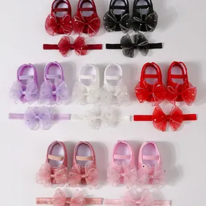 Süße Prinzessin Baby Lauflernschuhe Mit Passendem Stirnband Spitze Schleife Pailletten Weiche Sohle Rutschfest Hundert Tage Geburtstag Neugeborene Kleinkind Schuhe