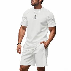 Conjunto de dos piezas de canalé para hombre blanco camiseta transpirable y pantalones cortos