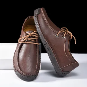 Zapatos Casuales de Cuero para Hombre Vintage Británico Cosidos a Mano Microfibra Antideslizantes Mocasines Transpirables Cordones Suela de Caucho