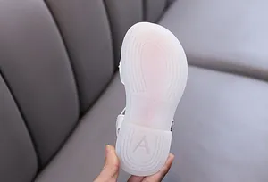 Detailed macro view of white girls sandal sole featuring anti-slip texture and size 180 mark