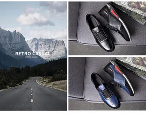 Detailed view of breathable men's hollow leather casual shoes in black and blue colors