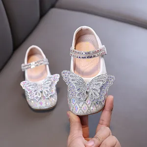 Sparkling white girls princess Mary Jane shoes with rhinestone butterfly decoration