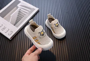 Detail view of breathable mesh toddler slip-on sneakers with flexible soft rubber soles.