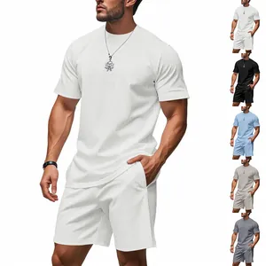 Conjunto Acanalado Casual De Verano Americano Para Hombre Top Y Pantalón Corto Cuello Redondo Suelto Transpirable Fresco Deportivo