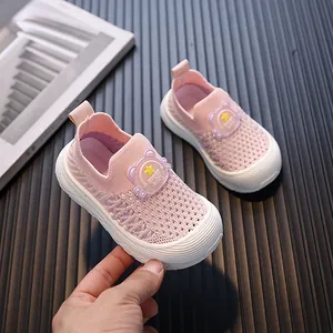 Breathable pink toddler flyknit walking shoes with non-slip soft soles and sport baby patch