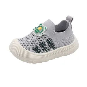 Comfortable grey breathable toddler fly-knit walking shoes with soft non-slip rubber sole