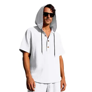 Detail of a men's casual white linen hooded Henley shirt featuring short sleeves.