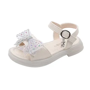 Elegantes sandalias de princesa para niñas con lazo de pedrería y colgante de conejito