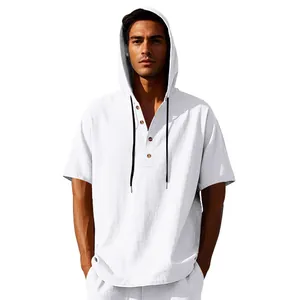Close-up view of a men's white linen hooded Henley shirt featuring classic buttons and hood