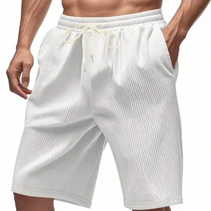 Men's heavyweight white corduroy beach shorts with elastic drawstring waist and loose fit