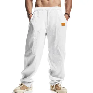 Detail view of men's white breathable linen casual pants with drawstring waist