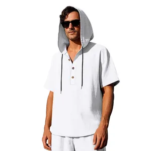 Casual men's white short sleeve hooded linen Henley shirt featuring wooden button details