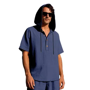 Men's casual blue linen hooded Henley shirt with short sleeves and front button details