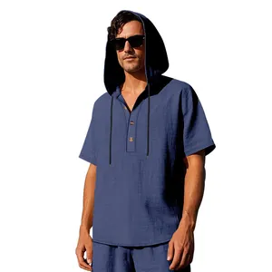 Casual men's linen hooded Henley short sleeve shirt for summer beach wear.