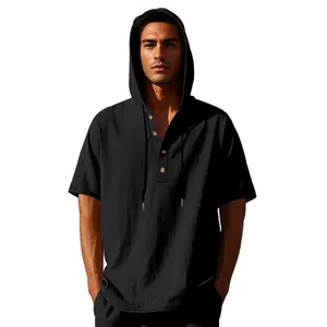 Men's summer black linen hooded Henley short sleeve shirt for beach casual wear