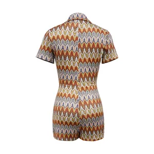 Back view of colorful wave pattern short-sleeve V-neck romper for women