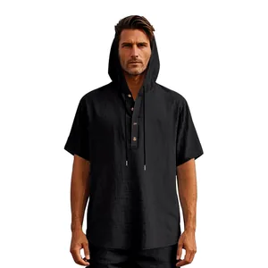 Men's casual black linen hooded Henley shirt with short sleeves perfect for beach wear.