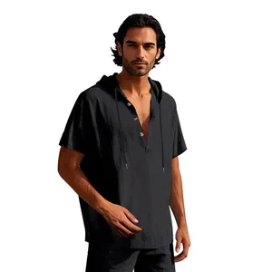 Men's casual black linen hooded Henley shirt with short sleeves and button details.