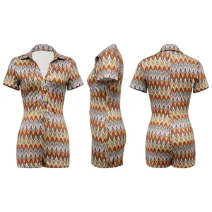 Multi-angle view of fashion wave pattern V-neck short sleeve romper for women