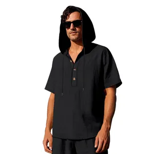 Close-up of men's black linen hooded Henley shirt with button placket and short sleeves