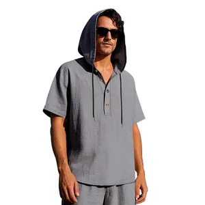 Casual grey linen hooded Henley shirt for men with short sleeves and buttons