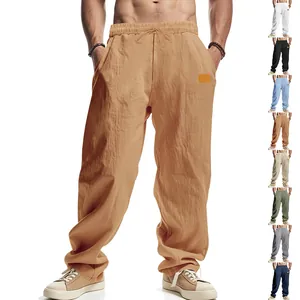 Breathable men's summer linen casual wide-leg trousers shown in multiple color variations