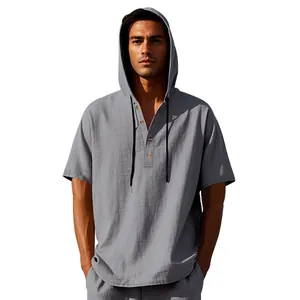 Comfortable grey men's short sleeve hooded Henley shirt made from breathable linen fabric.