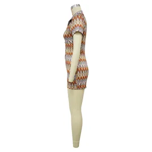 Side view detail of a chic V-neck short sleeve romper featuring orange zigzag wave patterns